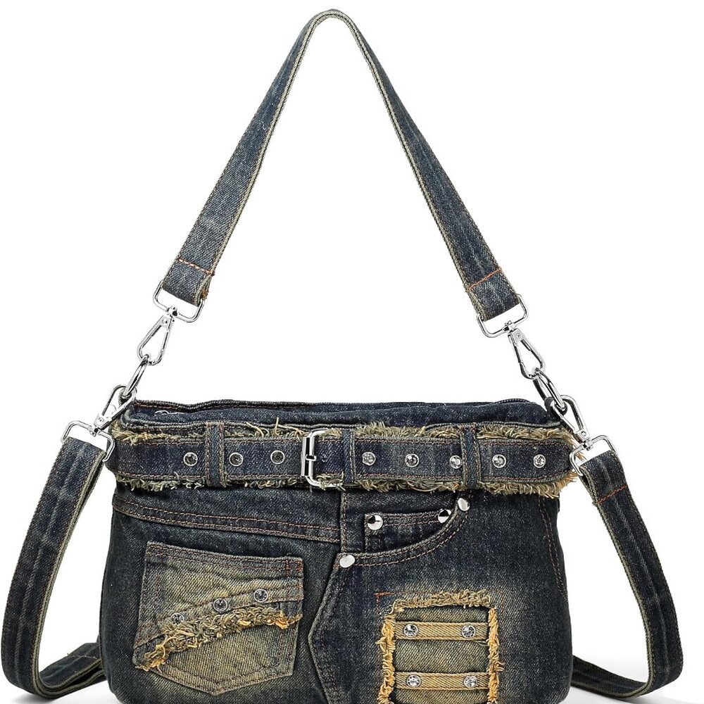 Denim Purse with Rhinestones Crossbody Shoulder Bag Bling Small Jean Purses for